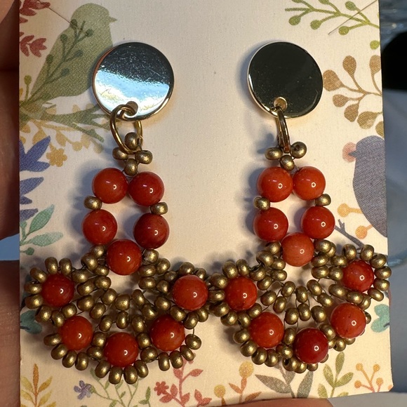 Dainty handmade red jasper bead bronze seed bead earrings - Picture 1 of 3